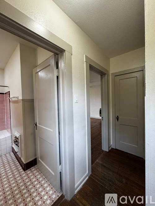 A hallway with a white door and a brown floor.