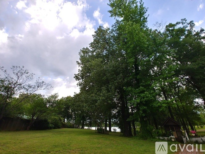 A grassy field with trees and a wooden structure in the distance.