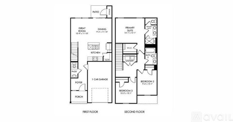 A floor plan of a two-story house with a garage and a porch.