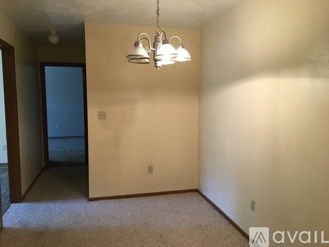 A room with a carpeted floor and a light fixture hanging from the ceiling.