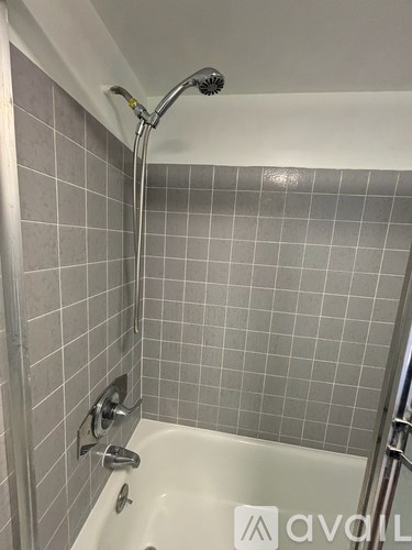 A white bathtub with a silver shower head and faucet.
