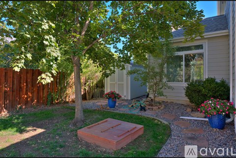 A backyard with a tree, a bench, and a house.