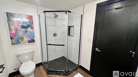 A bathroom with a toilet, a glass shower enclosure, and a black door.