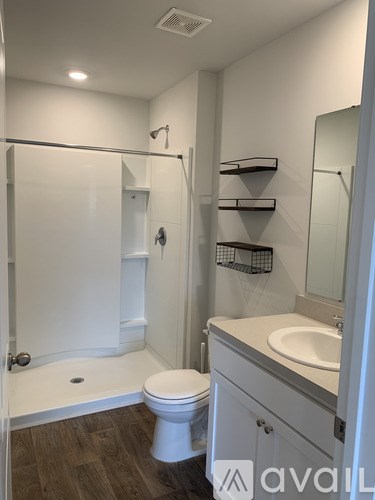 A white toilet sits in a bathroom next to a sink and a walk-in shower.