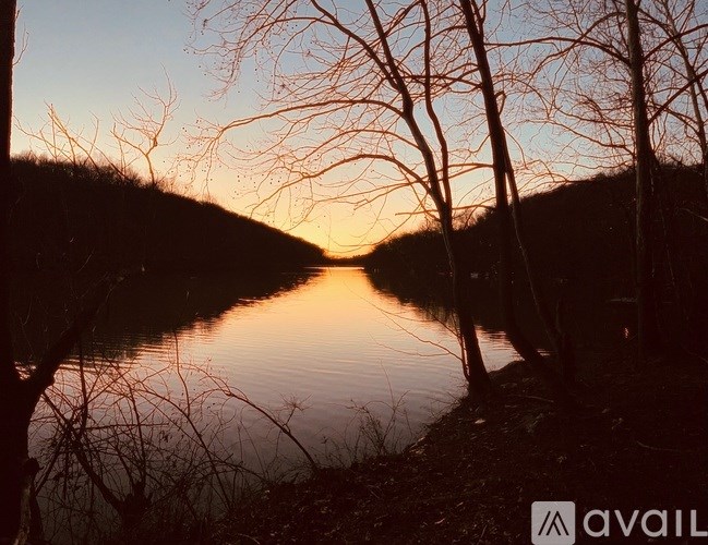 A serene lake surrounded by trees at sunset.