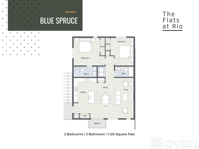 A floor plan for an apartment at The Flats at Rio, Blue Spruce, with two bedrooms and two bathrooms.