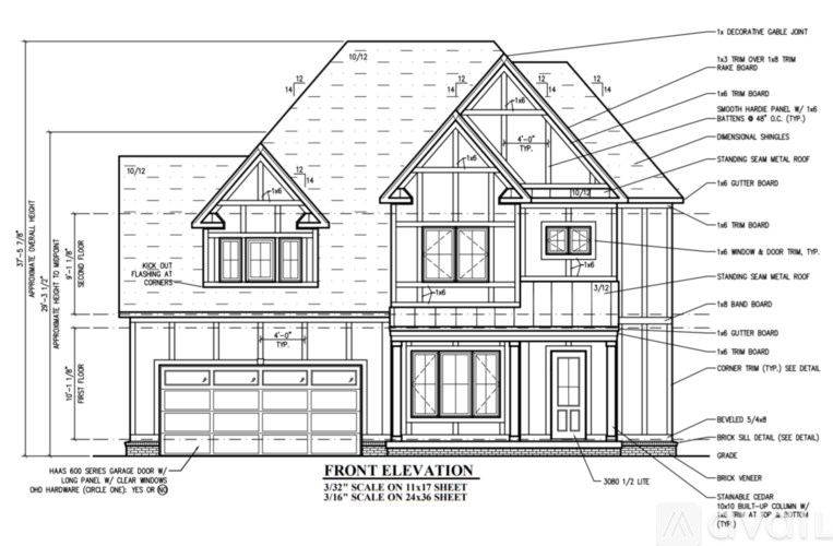 A detailed architectural drawing of a house's front elevation.