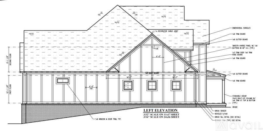 A detailed architectural drawing of a house's left elevation, including measurements and annotations.