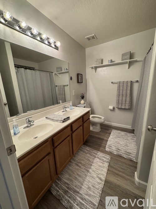 A bathroom with a sink, mirror, and toilet.