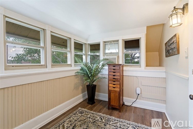 A room with a plant in a black pot and a wooden chest of drawers.