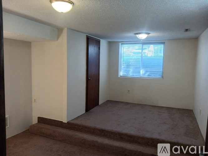A room with a carpeted floor and a window with blinds.