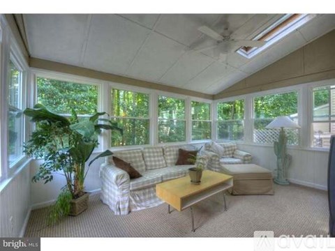 A sunroom with a couch, coffee table, and plants.
