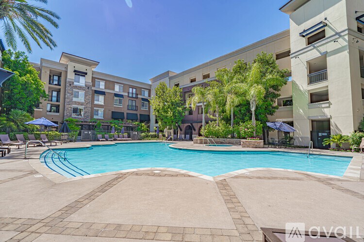 A large swimming pool surrounded by apartment buildings.