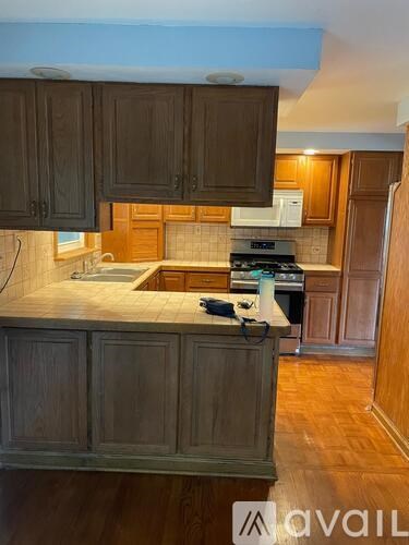 A kitchen with wooden cabinets and a countertop.