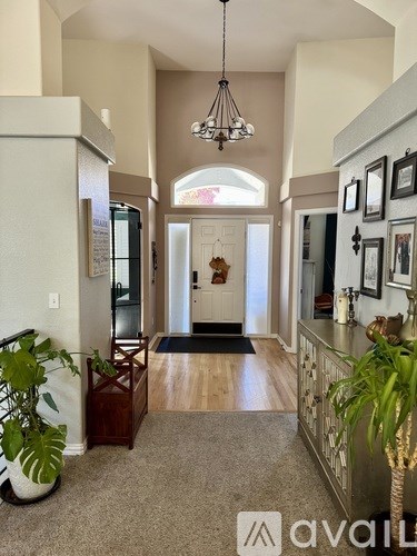 A hallway with a black chandelier and a green plant on the left.