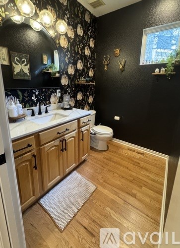A bathroom with a toilet, sink, and wooden floors.