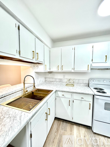 A kitchen with white cabinets and a marble countertop.