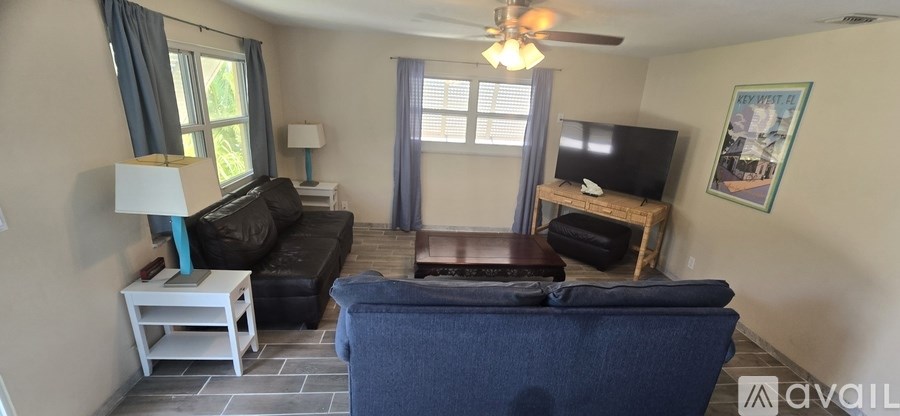 A living room with a black couch, a blue couch, and a television.