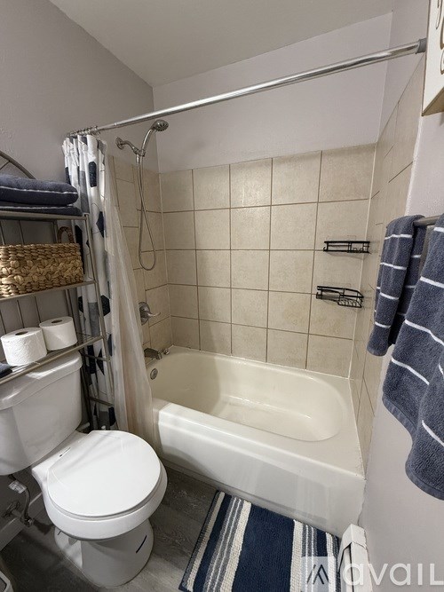 A white toilet sits next to a bathtub in a bathroom.