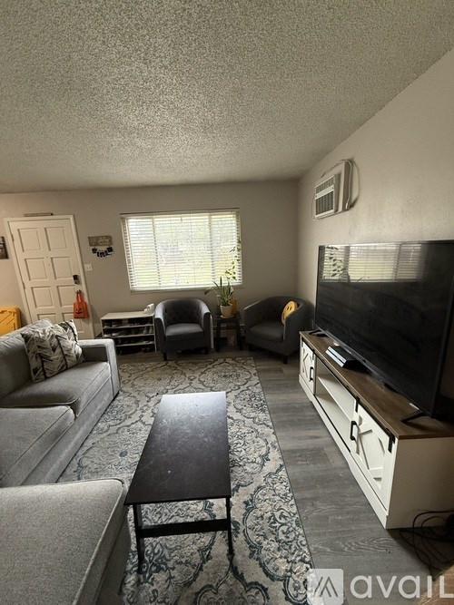 A living room with a grey couch, a black coffee table, and a flat screen TV.