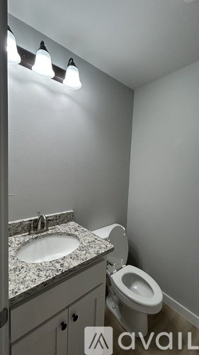 A bathroom with a toilet, sink, and cabinet.