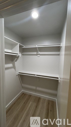 A walk-in closet with white shelving and a light on the ceiling.