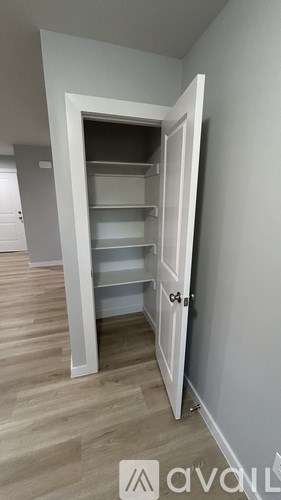 A white door is open to reveal a white shelving unit.