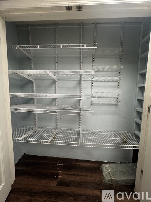 Empty white shelves in a pantry.