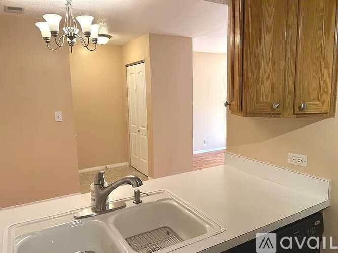A kitchen with a sink and a chandelier.