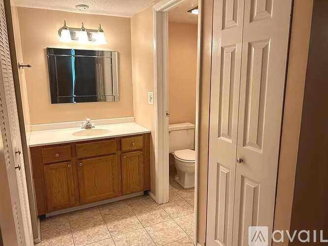 A bathroom with a sink, mirror, toilet and wooden cabinets.