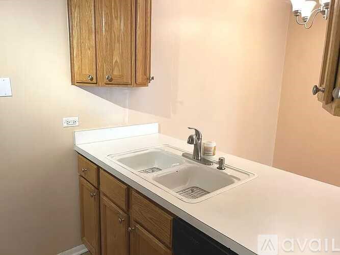 A bathroom with a sink and wooden cabinets.