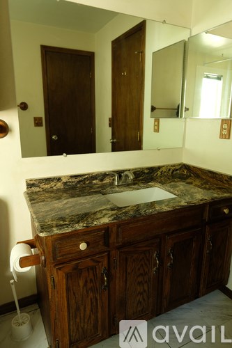 A bathroom with a sink and a mirror.
