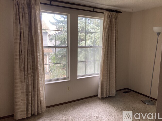 A room with a carpeted floor, a window with curtains, and a floor lamp.