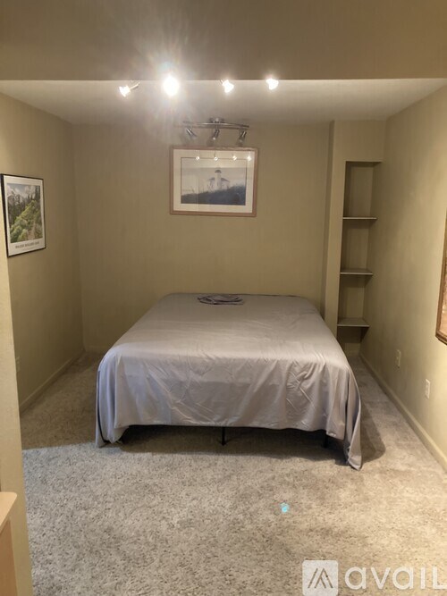 A bedroom with a bed, carpet, and a picture on the wall.