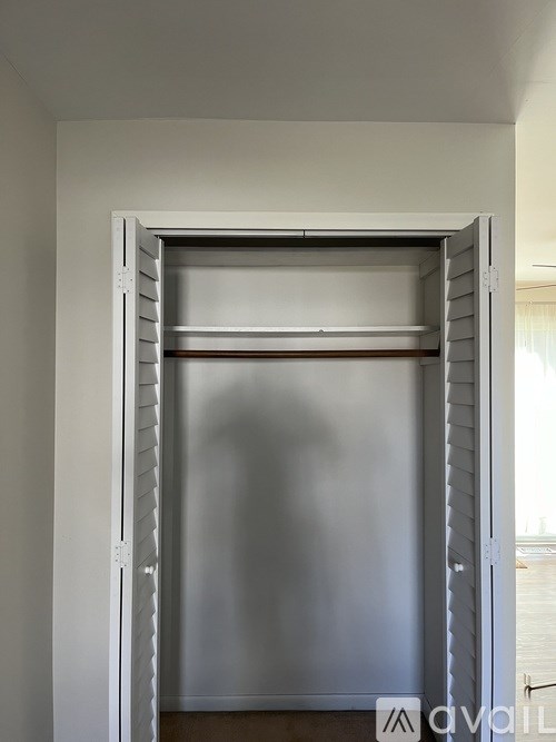 A white door with a silver handle is open.