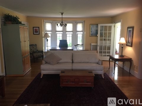 A living room with a white couch and a rug.
