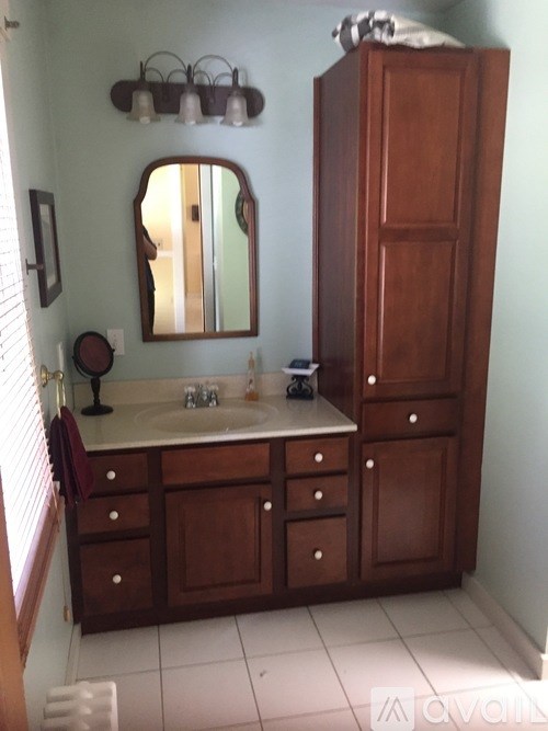 A bathroom with a sink, mirror, and wooden cabinet.