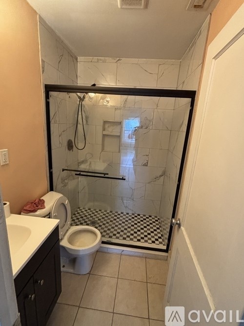 A bathroom with a toilet, sink, and walk-in shower.
