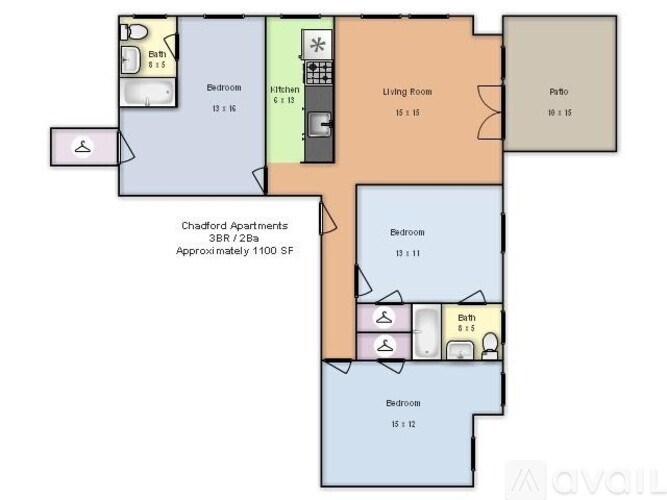 A floor plan of a Chafford Apartments showing three bedrooms, a living room, a kitchen, and a patio.