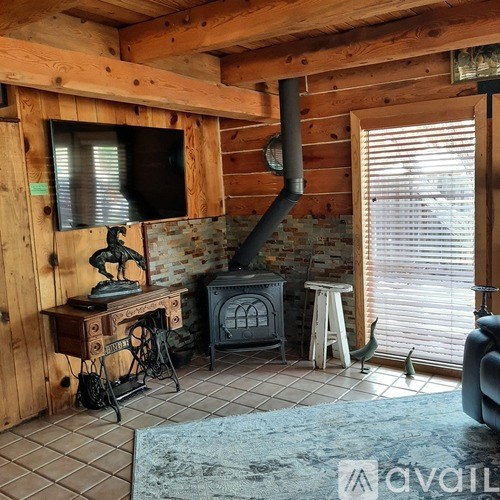 A room with a wood stove and a television.