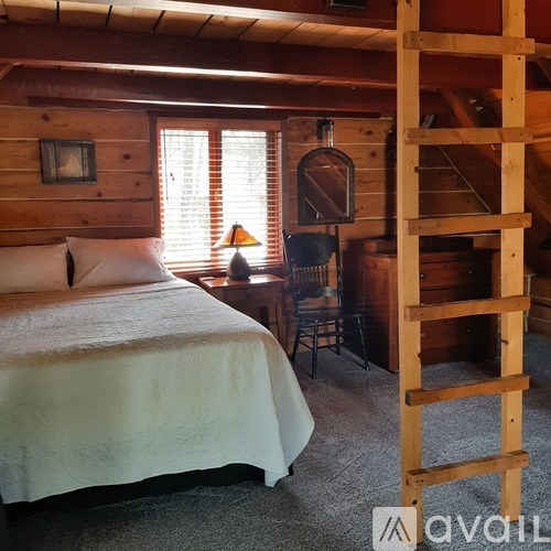 A bedroom with a bed, chair, and wooden ladder.