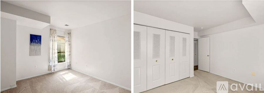 Two images of a room with white walls and carpeted floor.