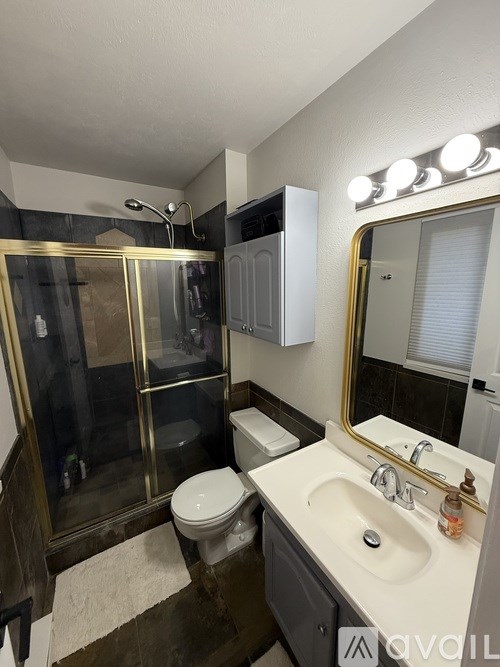 A bathroom with a toilet, sink, and mirror.