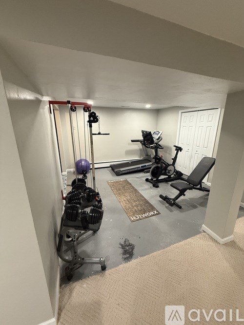 A home gym with a weight bench, a rowing machine, and a squat rack.