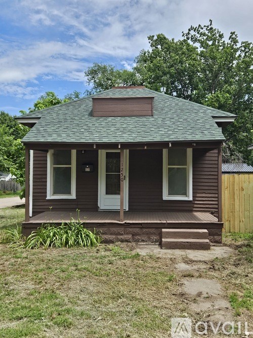 A small house with a green roof and a brown door.