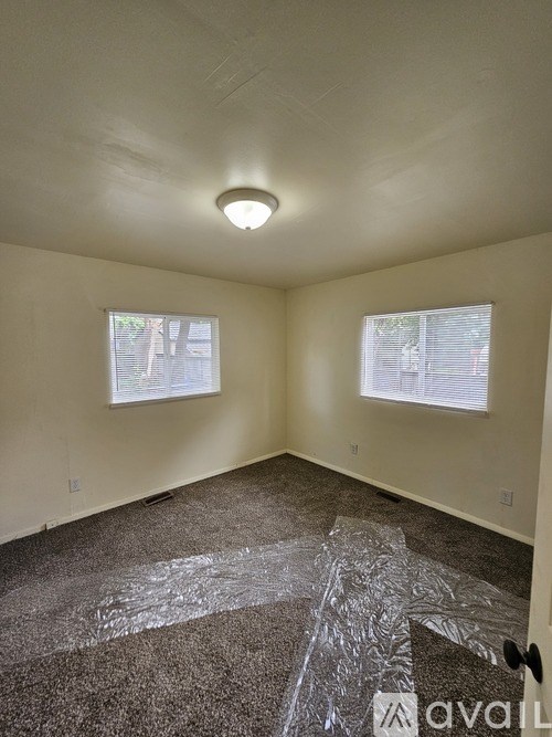 A room with a carpeted floor and two windows.