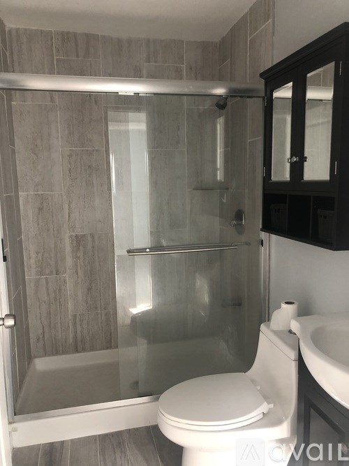 A white toilet sits next to a walk-in shower in a bathroom.