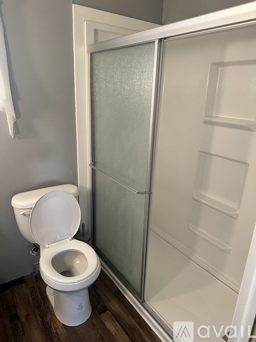 A white toilet is in a bathroom with a glass door shower.