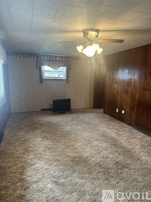 A room with a carpeted floor and a ceiling fan.