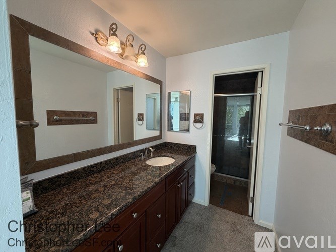 A bathroom with a granite countertop and a large mirror above it.